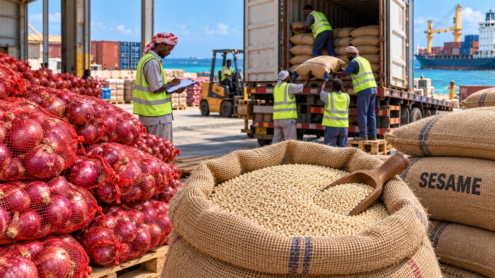 Illustrative onions and true sesame seeds, with sacks loaded from a truck at port